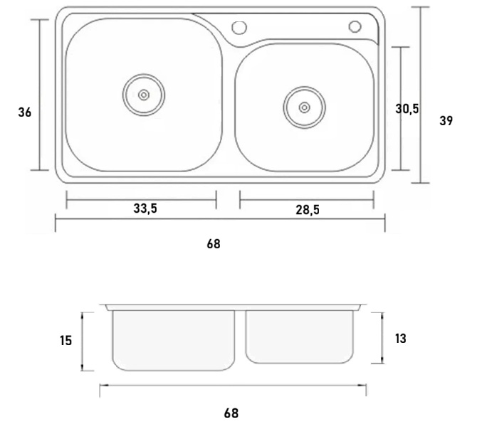 Pileta Y Media Acero Inoxidable  68x39x21 + Válvulas Acra