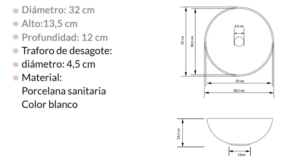 Bacha/pileta Loza De Apoyo Redonda 32cm Acra