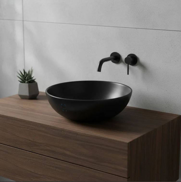 Bacha Cuba Lavabo De Apoyo Loza Negro Mate Redonda 40 Acra