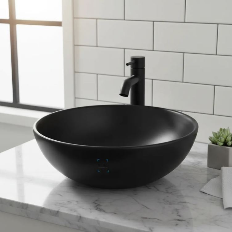 Bacha Cuba Lavabo De Apoyo Loza Negro Mate Redonda 40 Acra