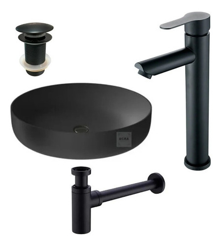 Combo Loza Apoyo 42x13 Negro Mate + Grifería Y Válvula Acra