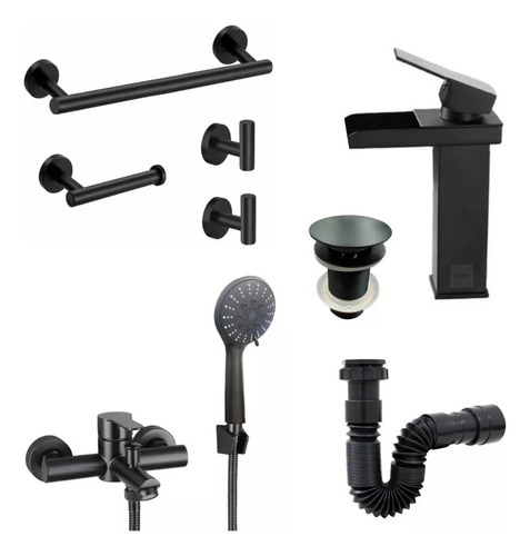 Juego De Baño Completo Color Negro Mate Grifería Selen Acra