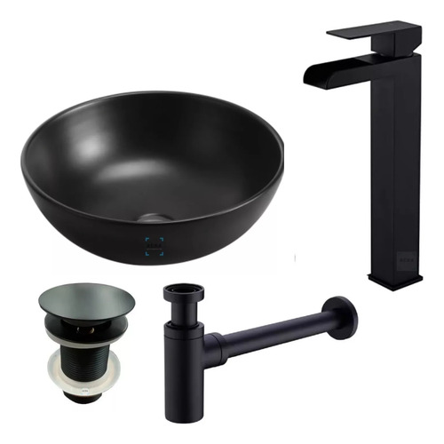 Kit Negro Mate Loza Baño +griferia Alta +válvula +sifon Acra