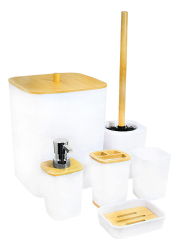 Kit Set De Accesorios Plástico Baño Blanco Y Madera Acra