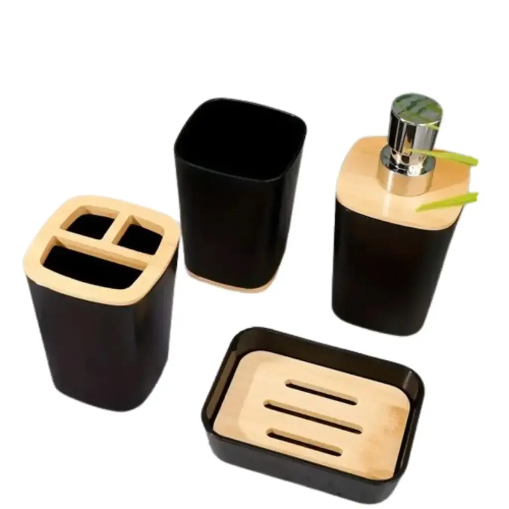 Kit, Set De Accesorios Plástico Baño Negro Y Madera Acra