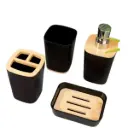 Kit, Set De Accesorios Plástico Baño Negro Y Madera Acra