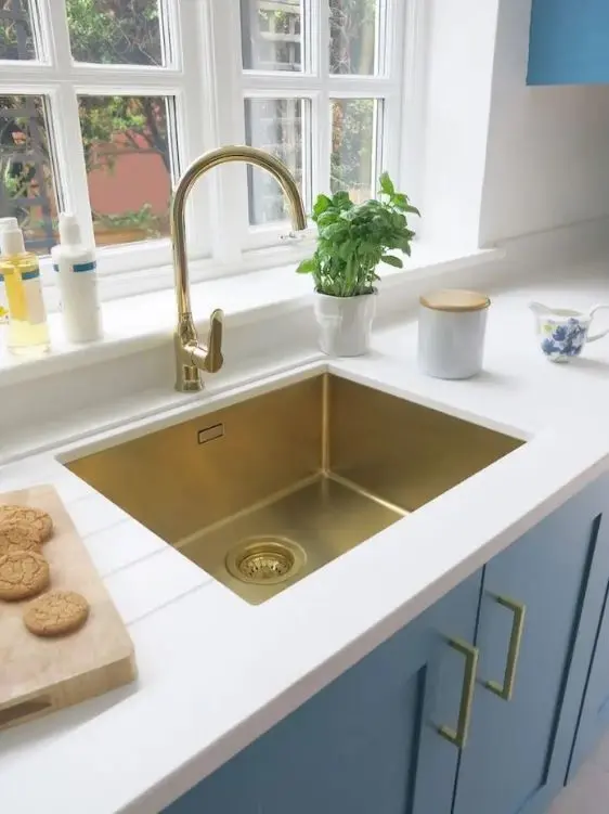 Pileta Cocina Simple Cuadrada Dorada Gold Oro + Válvula Acra