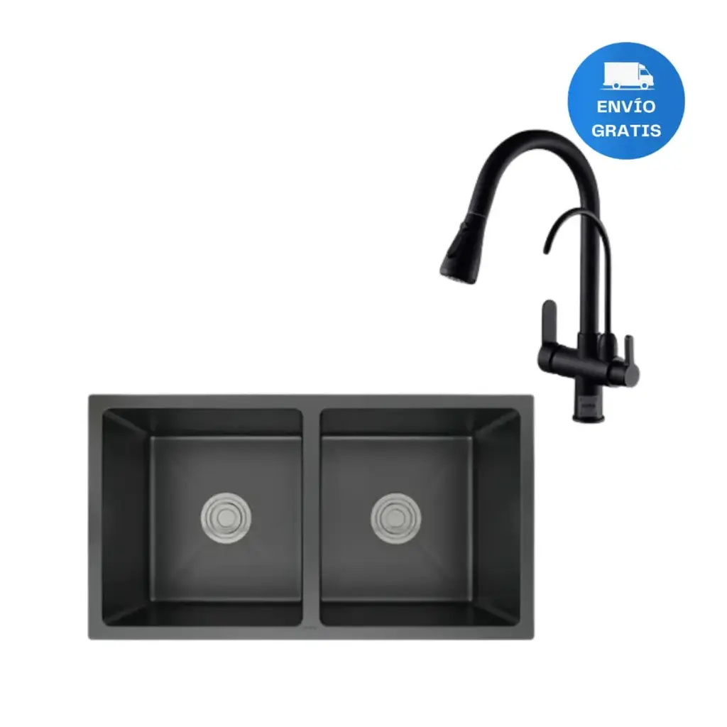 Pileta Doble De Acero Inox Negro + Canilla Para Cocina 