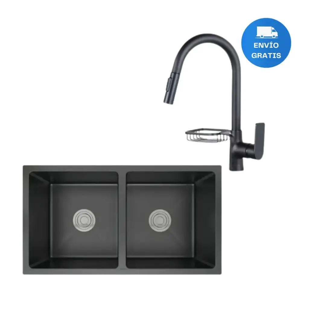 Pileta Doble En Acero Inox Negro + Griferia Con Jaboner Acra