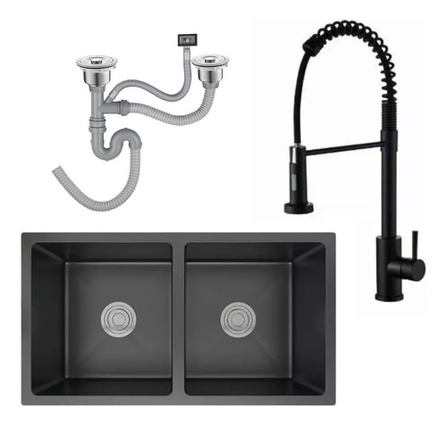 Pileta Doble En Acero Inox Negro + Grifería Extensible Acra