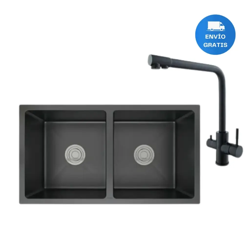 Pileta Doble En Acero Inox Negro + Valvula + Griferia Acra