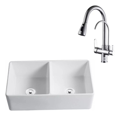 Pileta Loza Country Simple + Grifería Negra Para Filtro Acra