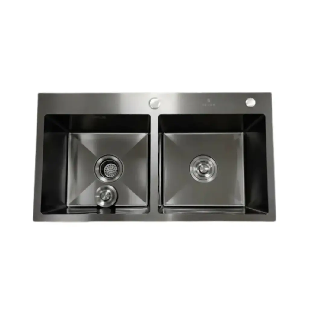 Pileta Doble Cocina Negra Acero Cuadrada+válvulas Selen Acra