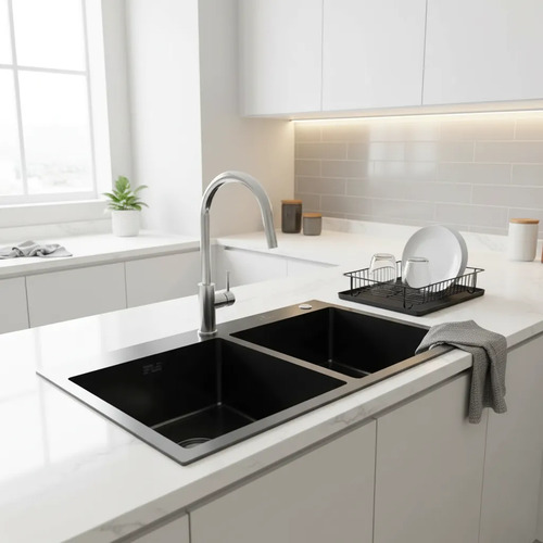 Pileta Doble Cocina Negra Acero Cuadrada+válvulas Selen Acra