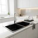 Pileta Doble Cocina Negra Acero Cuadrada+válvulas Selen Acra