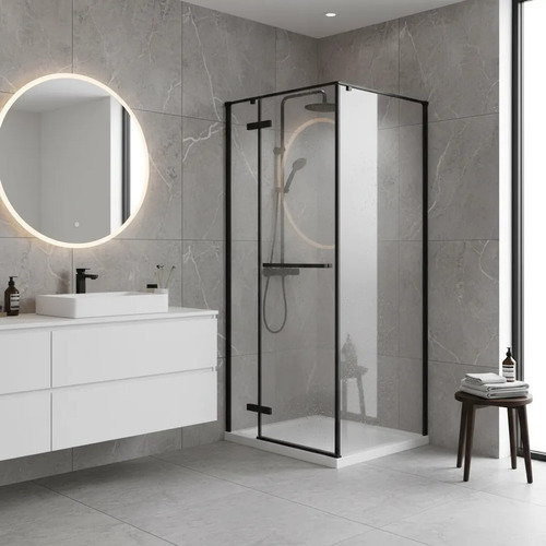 Mampara De Baño Batiente Perfil Aluminio Negro Acra
