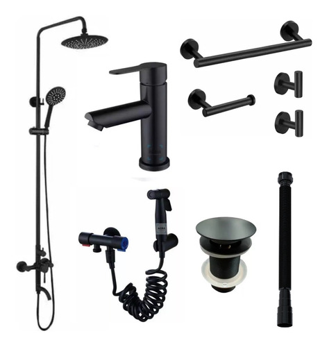 Juego De Baño Completo Negro Mate Grifería + Extractor Acra