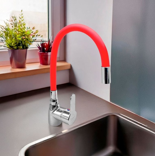 [MLU604411464] Grifería Monocomando Pico Cisne Flexible Roja Cocina Acra