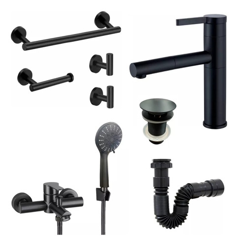 [MLU642716669] Juego De Baño Completo Color Negro Mate Grifería Acra