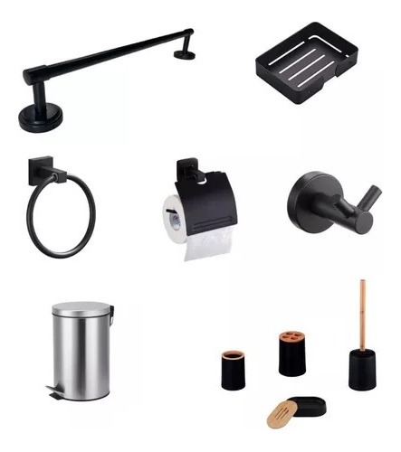 [MLU642436786] Kit Accesorios Completo De Baño En Negro Mate Acra