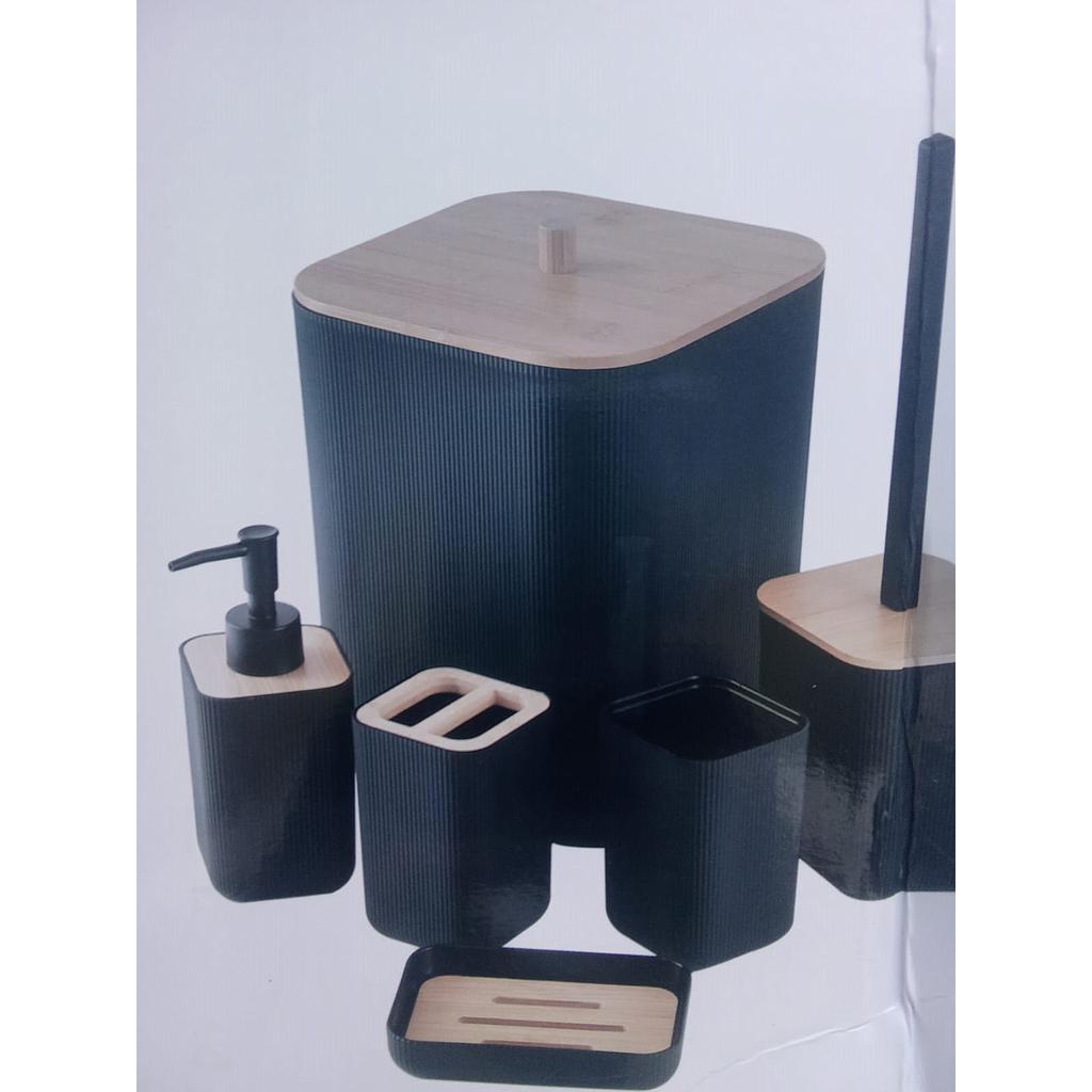 Kit, Set De Accesorios Plástico Baño Negro Y Madera Acra