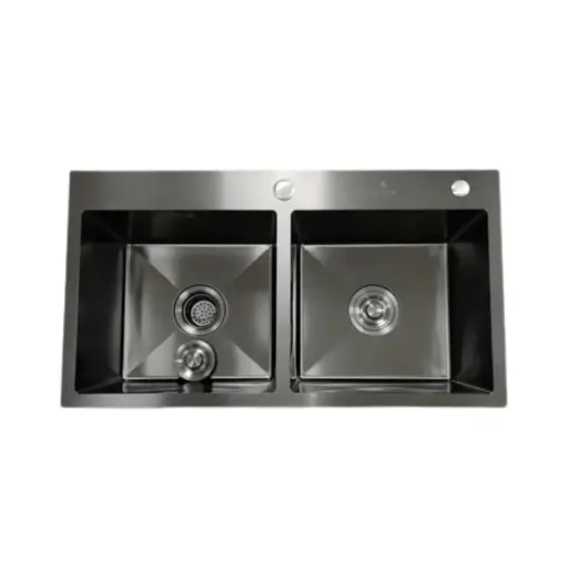 [MLU1331361130] Pileta Doble Cocina Negra Acero Cuadrada+válvulas Selen Acra